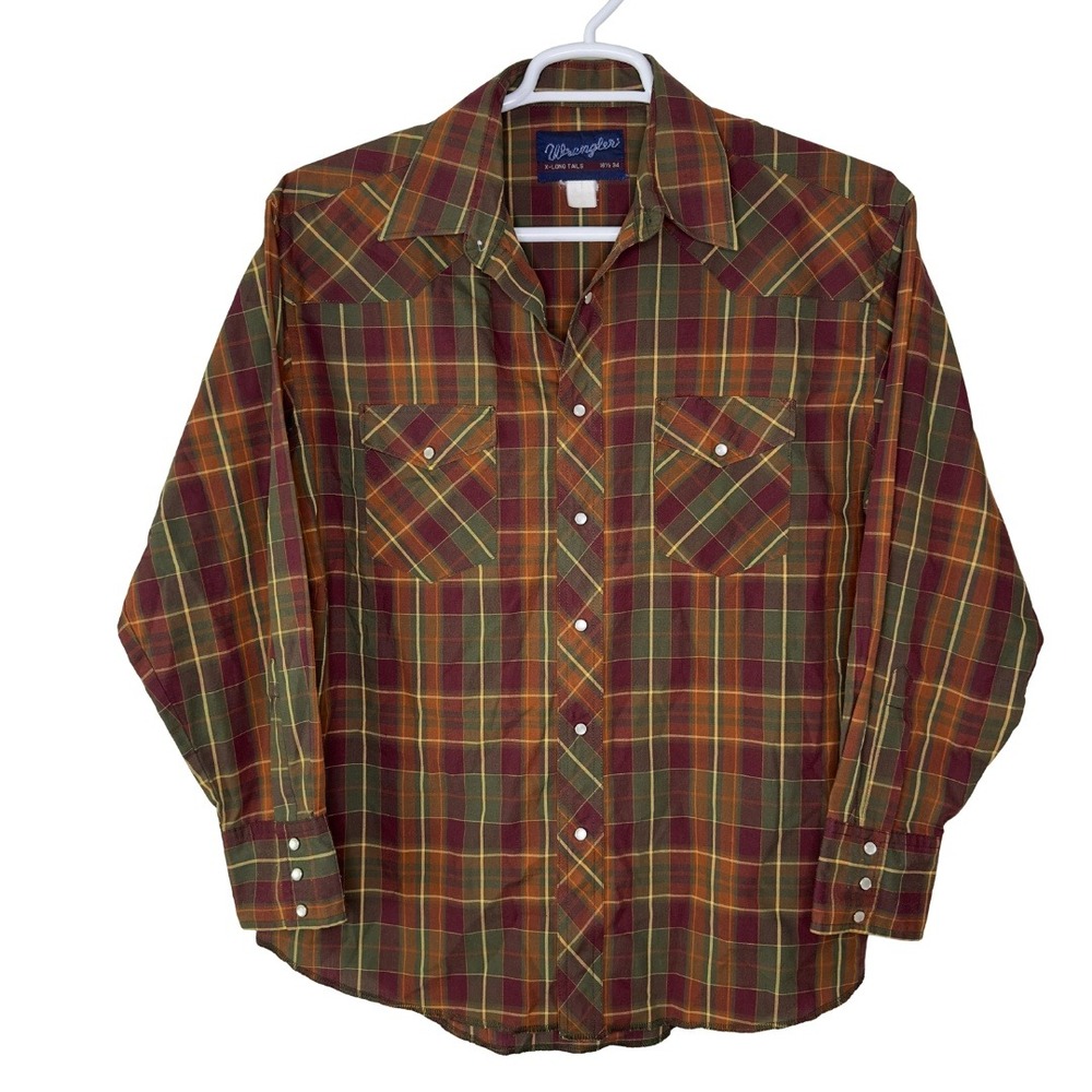 Vintage Wrangler Shirt‎ Men's 16 1/2 34 Western Plaid Long Sleeve Pearl Snap Up